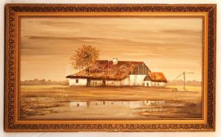 Rónai Antal (1926- ): Őszi tanya, olaj, fa, díszes keretben, 49×89 cm