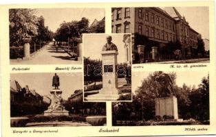 Szekszárd, Hősök szobra, Garay-tér a Garay-szoborral, M. kir. áll. gimnázium, Bezerédj István szobra; kiadja Lugosi Béla könyv- és papírkereskedése (EK)