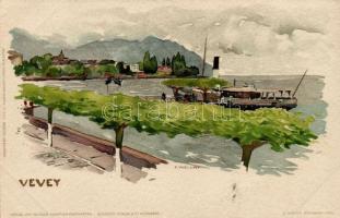 Vevey, port, steamship, Velten&#039;s Künstlerpostkarte No. 436. litho s: F. Voellmy (EK)