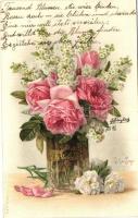 Flowers, Roses in vase, A. & M.B. No. 417, litho, s: Paul de Longpie (EK)