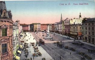 Linz an der Donau, Franz Josef-Platz / Franz Joseph square, tram, shop of Alois Kepler, vegetable vendors (EK)