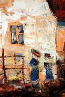 Bubelényi László (1953-): Találka a ház előtt. Olaj, farost, jelzett, 45×45 cm