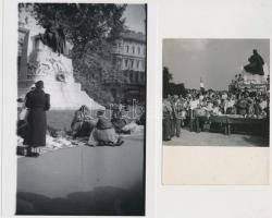 cca 1940 és 1955 Budapest, Tinódi Lantos Sebestyén szobránál batyusok, illetve valamilyen esemény résztvevői, 2 db fotó, a kisebb Bojár Sándor vintage fényképe, a nagyobb modern nagyítás korabeli negatívról, 12x9 cm és 18x13 cm