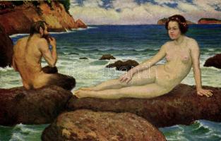 Faun a nympfa / Erotic nude art postcard, D.K. & Co.P. 651. s: B. Wachsmann