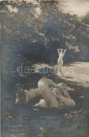 After the bath / Erotic nude art postcard, Salon de 1904 s: Antoine Thivet (EK)