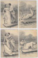 6 db RÉGI használatlan motívumlap, vegyes minőség; fürdőzős humoros romantikus pár sorozat / 6 old motive cards in mixed quality; humorous bathing romnatic couple series