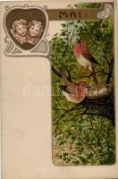 Mai / May art postcard, birds, children, Art Nouveau litho