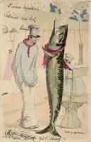 French humorous art postcard, smoking fish, artist signed, Füstölgő hal, francia humoros művészetilap, művész aláírásával