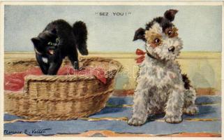Sez you! / Cat with dog, Valentines Valter postcards 2152.