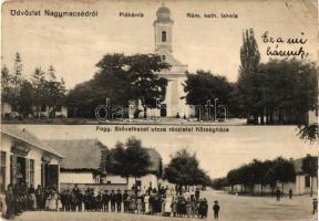 Nagymácséd, Velká Maca; Római katolikus iskola és plébánia, Fogyasztási szövetkezet, utca, községháza, kiadja Karinger Károly / Roman Catholic school and rectory, cooperative shop, street, town hall  (EK)