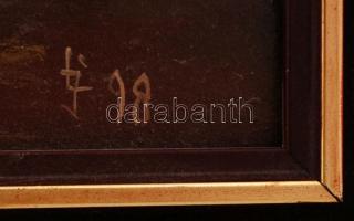 Lukács János (1952- ): Tanya, olaj, farost, jelzett, fa keretben, 38,5×78,5 cm