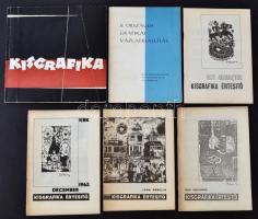 6 db különféle magyar nyelvű ex librisekkel, grafikákkal kapcsolatos érdekes nyomtatvány, katalógus, így benne: Országos Grafikai Vázlatkiállítás katalógusa, Kisgrafikák, Kisgrafikai értesítő, stb.