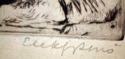 Elekfy Jenő (1895-1968):  Istálló, rézkarc,  papír, jelzett, üvegezett keretben, 20x29cm