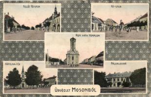 Moson, Mosonmagyaróvár; vasútállomás, Főutca, Római Katolikus templom, Kápolna-tér, Art Nouveau (EK)