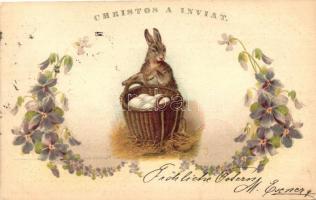 &#039;Christos A Inviat&#039; / Easter, rabbit, basket of eggs, floral, litho (EK)