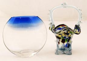 Üveg váza apró lepattanással, m:14cm, üveg kosárka, 17cm, 2db