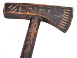 cca 1900 Fa fokos faragott fejjel "Tusnád felirattal" botjelvényekkel (Gyilkos-tó, Tusnádf...