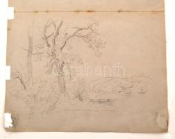 Kelety Gusztáv hagyatéki pecséttel: Várrom és a falu.  Ceruza-tus, papír, jelzés nélkül, 31×48 cm