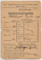 cca 1916 A M. kir. budapesti honvéd kerületi parancsnokság munkásgyűjtő kerete által kiállított személyazonossági igazolvány feltehetőleg izraelita vallású egyén számára