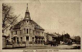 Nagykikinda, Kikinda; Koronaherceg utcai részlet, üzlet, lovaskocsi, kiadja Wolf Józsefné / street detail, horse carriage, shop (EK)