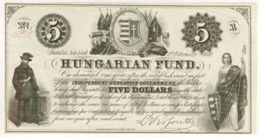 1852. Emigrációs "Kossuth bankó" 5$ "A" piros számozással, papírránccal! T:I
