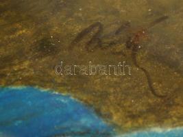 Olvashatatlan jelzéssel: Kék kalapos hölgy. Kréta, papír, üvegezett keretben, 32×21 cm