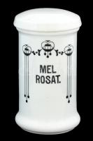 "Mel rosat" feliratú porcelán patikaedény, matricás, jelzés nélkül,  apró kopásnyomokkal, d: 9 cm