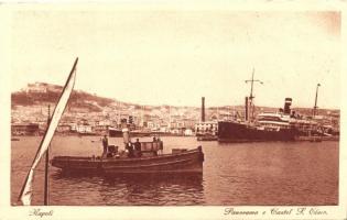 Naples, Napoli; Panorama e Castel S. Elmo / general view of the St. Elmo castle, port, steamships