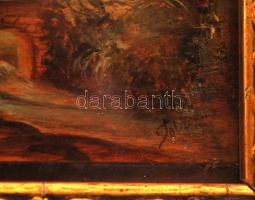 Toldy Mária (1939- ): Vadászaton, olaj, fa, üvegezett fa keretben, 13,5×18 cm