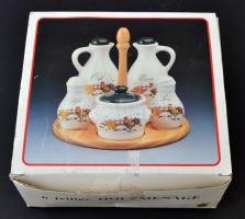 Holzmenage konyhai készlet: só- és borstartó, olajos ill. ecetes kancsó, edény, fa tartóval, matricá...