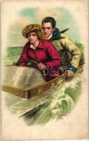 Couple in motorboat, litho s: Robi Chester (fa)