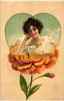 Lady in flower, love greeting card, litho (EK)