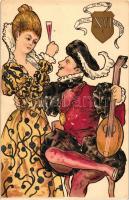 Bor, Dal, Szerelem XVI. c. / Baroque couple, wine art postcard, litho