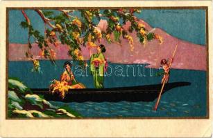 Italian art postcard, Asian women, Degami 1026. s: T. Corbella, Olasz művészeti képeslap, ázsiai hölgyek, Degami 1026. s: T. Corbella (EK)