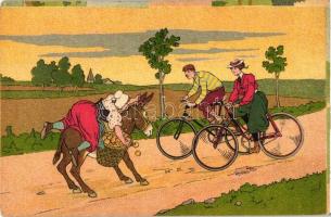 Couple on bicycles, woman on donkey, humour, litho (EK)