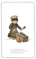 Il Lustrascarpe / Le Cireur de Bottes / The Bootblack; shoe cleaner child, italian art postcard, s: A. Bertiglia (EK)