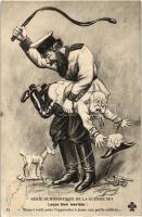 Lecon bien méritée!; Série Humoristique de la Guerre 1914 /  WWI Humorous political art postcard, Cossack punishing Franz Joseph  s: A. P. Jarry (EK)