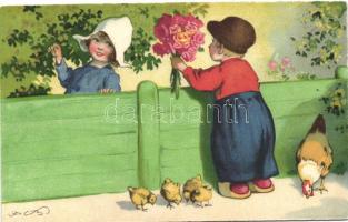 Dutch children, boy with bouquet of roses; Meissner & Buch Künstlerpostkarten No. 3084., litho s: F.B.