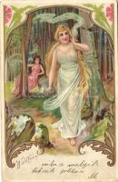 Waldfeen / Forest fairies, Art Nouveau, golden decoration litho (EB)