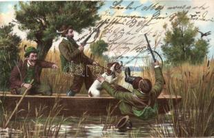 Hunters in boat, accident, humour