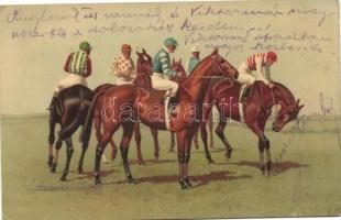 Racing horses with Jockeys, Meissner & Buch Künstlerpostkarten Serie 1989 Edler Sport, litho (EK)
