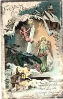 Fröhliche Weihnachten / Christmas greeting card, angel, dwarf with lantern, Regel & Krug No. 1756. (fa)