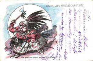 The Gracious Queen auf dem Kriegspfade / Queen Victoria on the warpath, the Queen in Indian costume, mocking postcard (worn edges)