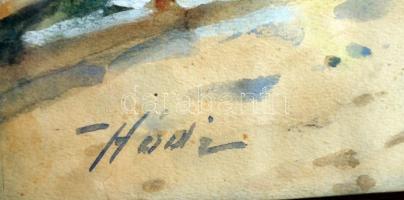 Hódi Géza (1881 - 1942): Pihenő. Vegyes technika, papír, jelzett, üvegezett keretben, 26×34 cm