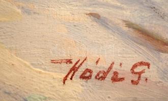 Hódi Géza (1881 - 1942): Téli tyúkudvar. Olaj, karton,  jelzett, üvegezett keretben, 26×34 cm