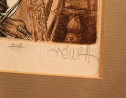 Vén Zoltán (1941- ): Cigánylány. Rézkarc-kollázs, papír, jelzett, üvegezett keretben, 14×9 cm