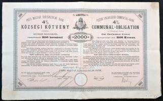 Budapest 1893. Pesti Magyar Kereskedelmi Bank 4%-os községi kötvénye 2000K-ról, szárazpecséttel T:III