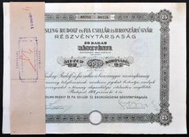 Budapest 1923. Kissling Rudolf és Fia Csillár és Bronzárugyár Részvénytársaság 25db részvénye egyben összesen 5000K-ról, szelvényekkel, bélyegzésekkel, szárazpecséttel, kötegelővel T:III