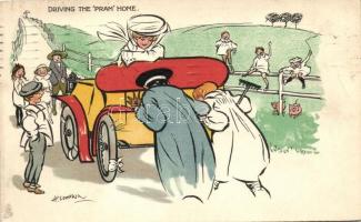 Driving the Pram Home / broken down automobile, Raphael Tuck & Sons Humorous Series No. 1394., humour, litho, s: H. Cowham (EK)
