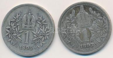 Ausztria 1893-1894. 1K Ag "Ferenc József" (2x) T:2-
Austria 1893-1894. 1 Corona Ag "...